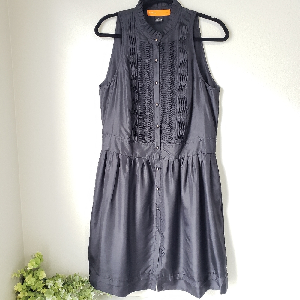 Sleeveless Black Button-Front Dress with Pintuck Detail